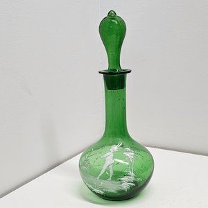 Mary Gregory Hand Painted Decanter-Green Glass